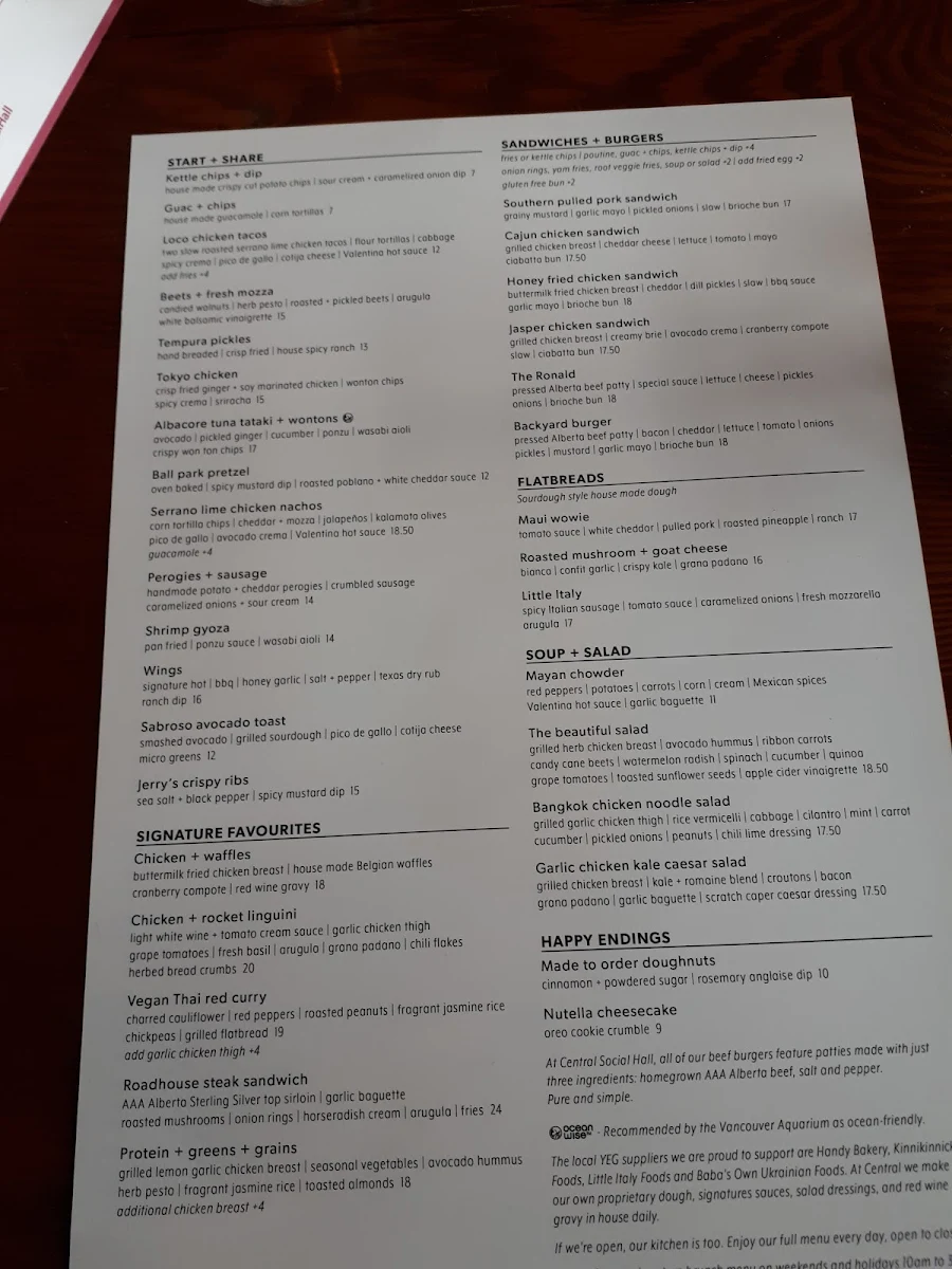 Menu, Central Social Hall