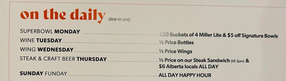 Menu, Central Social Hall