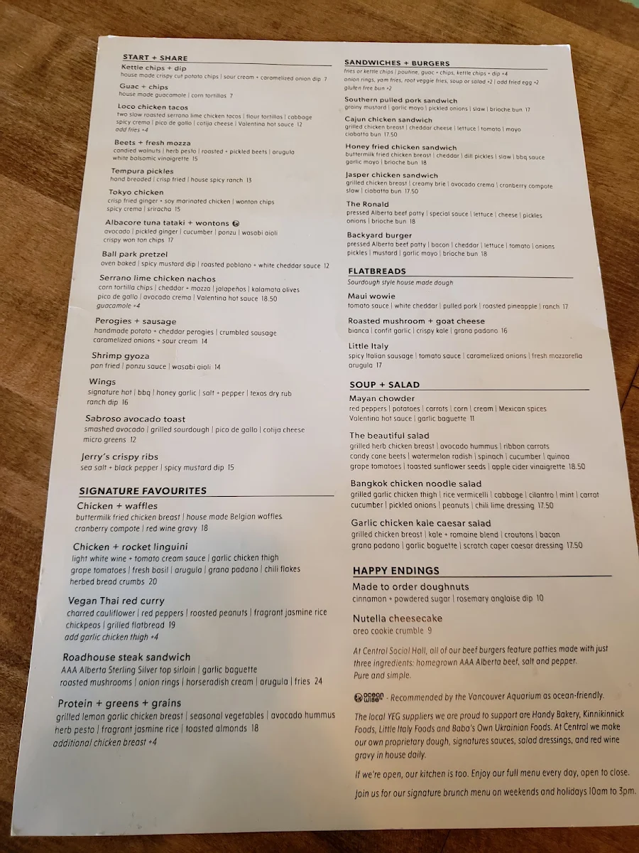Menu, Central Social Hall