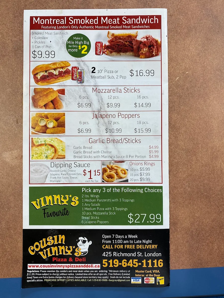 Menu, Cousin Vinny's Pizza & Deli