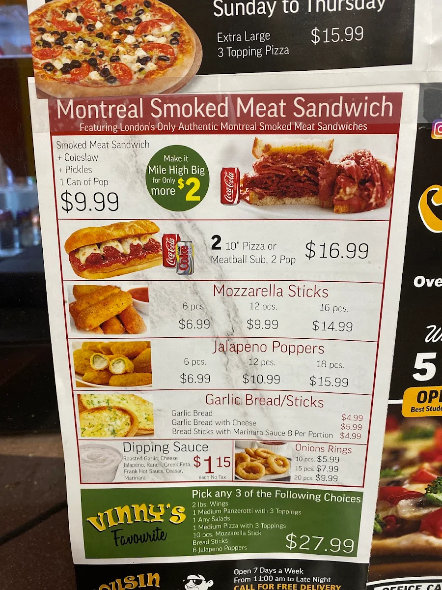 Menu, Cousin Vinny's Pizza & Deli