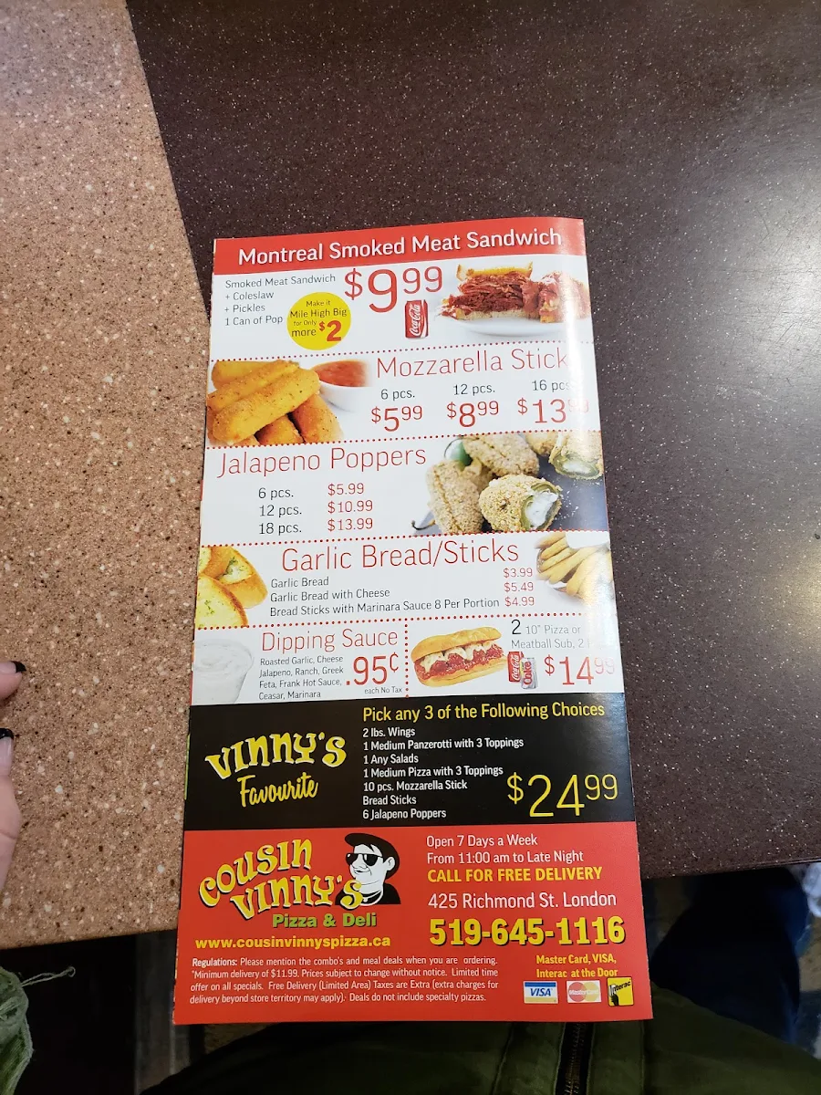 Menu, Cousin Vinny's Pizza & Deli