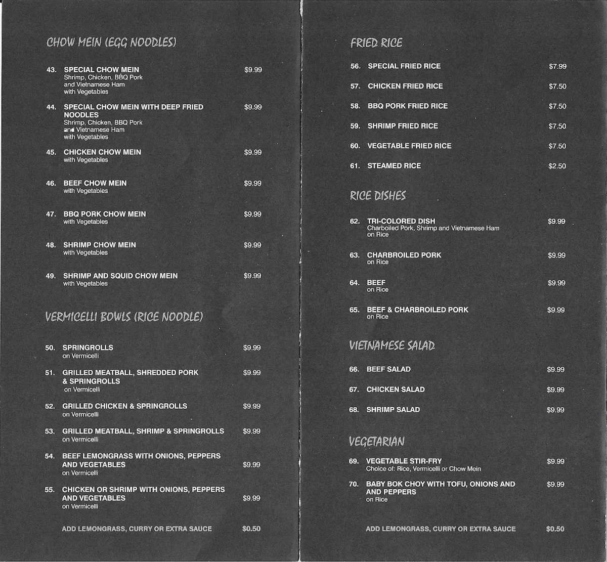 Menu, Pho Thuy Duong Restaurant