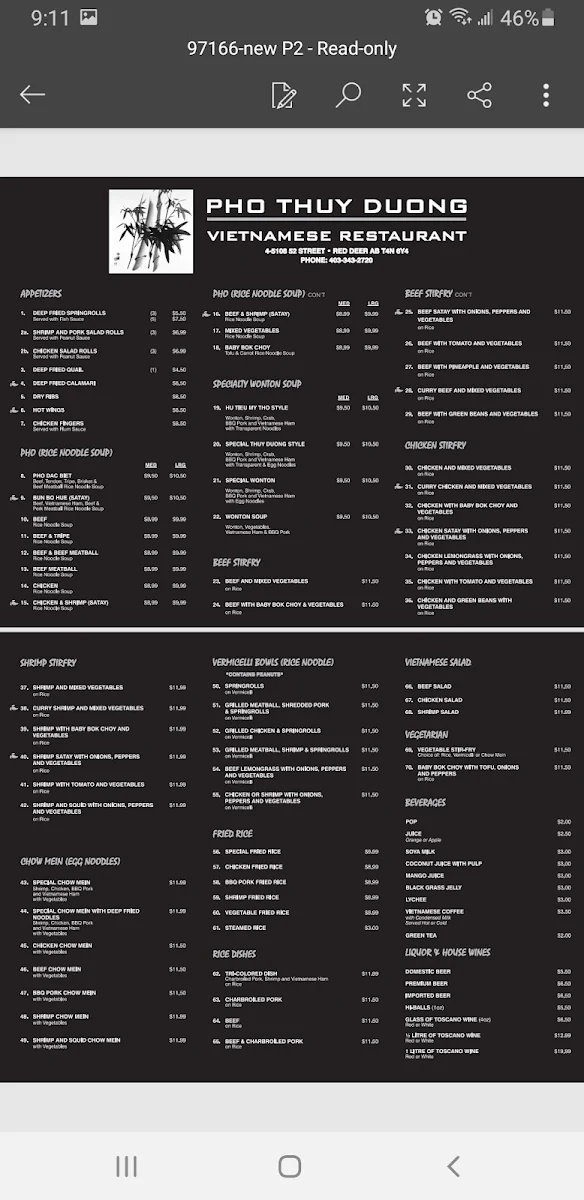 Menu, Pho Thuy Duong Restaurant