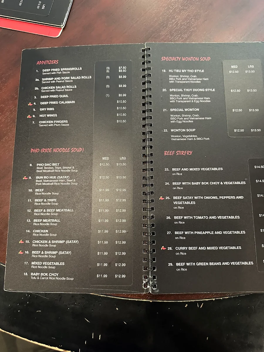 Menu, Pho Thuy Duong Restaurant
