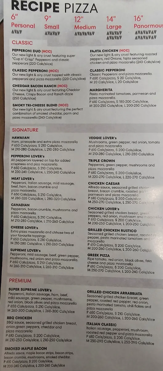 Menu, Pizza Hut