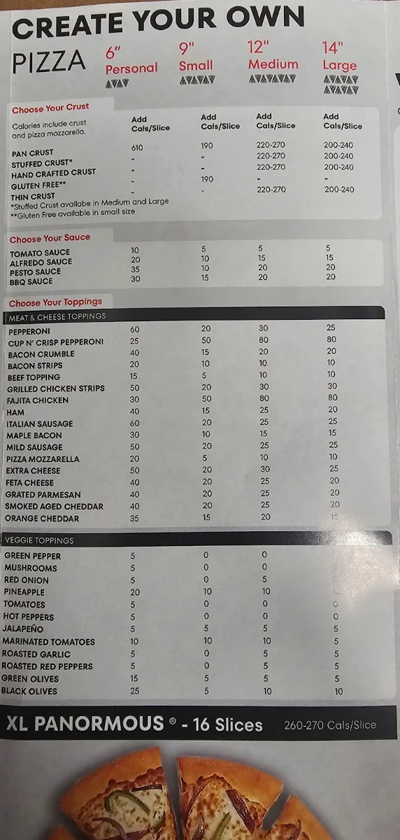 Menu, Pizza Hut