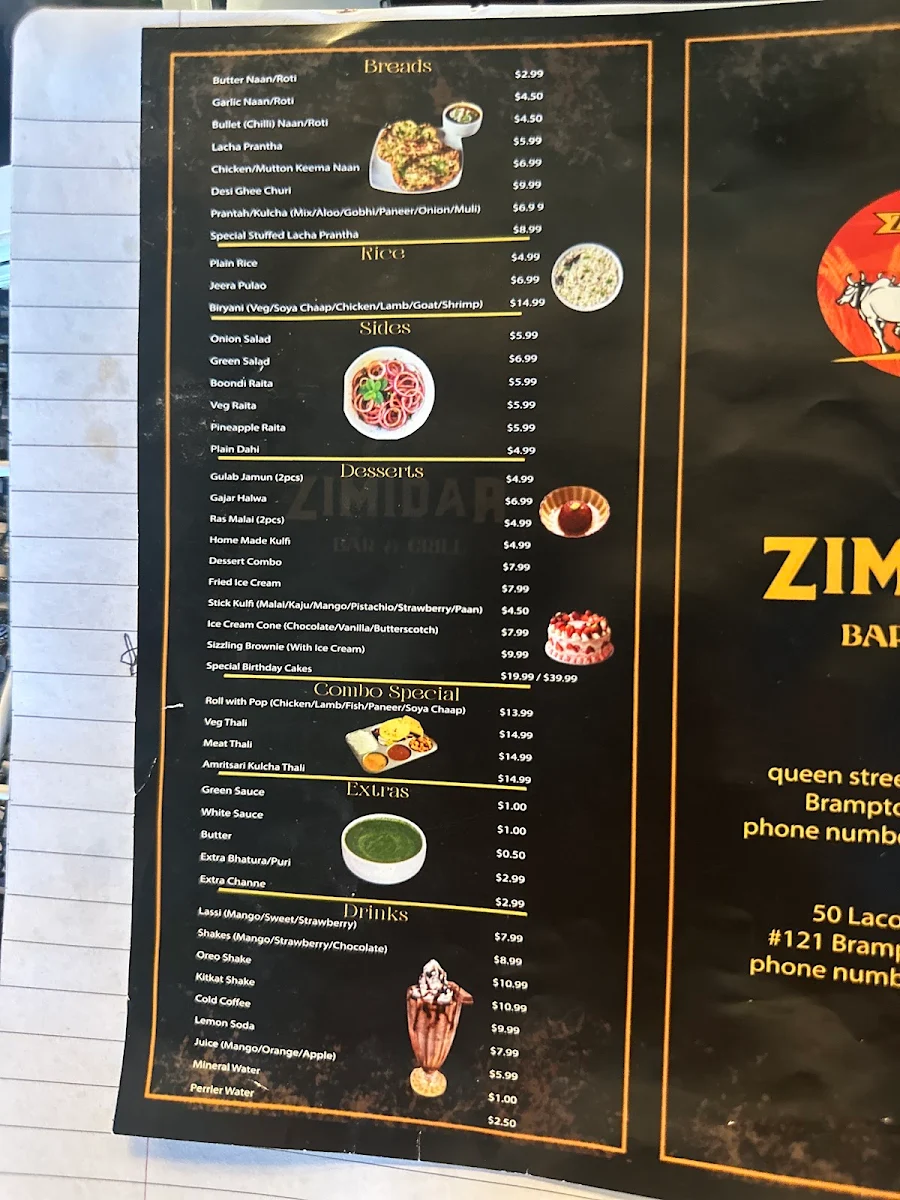 Menu, Zimidar Bar&Grill Airport