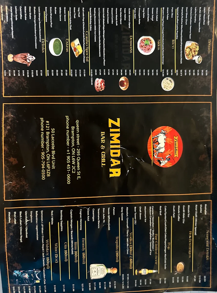 Menu, Zimidar Bar&Grill Airport