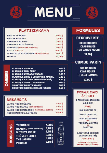 Menu, Musubi Izakaya