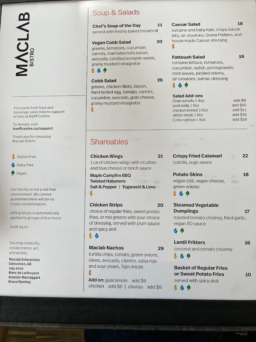 Menu, Maclab Bistro