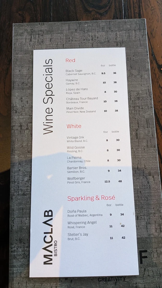 Menu, Maclab Bistro