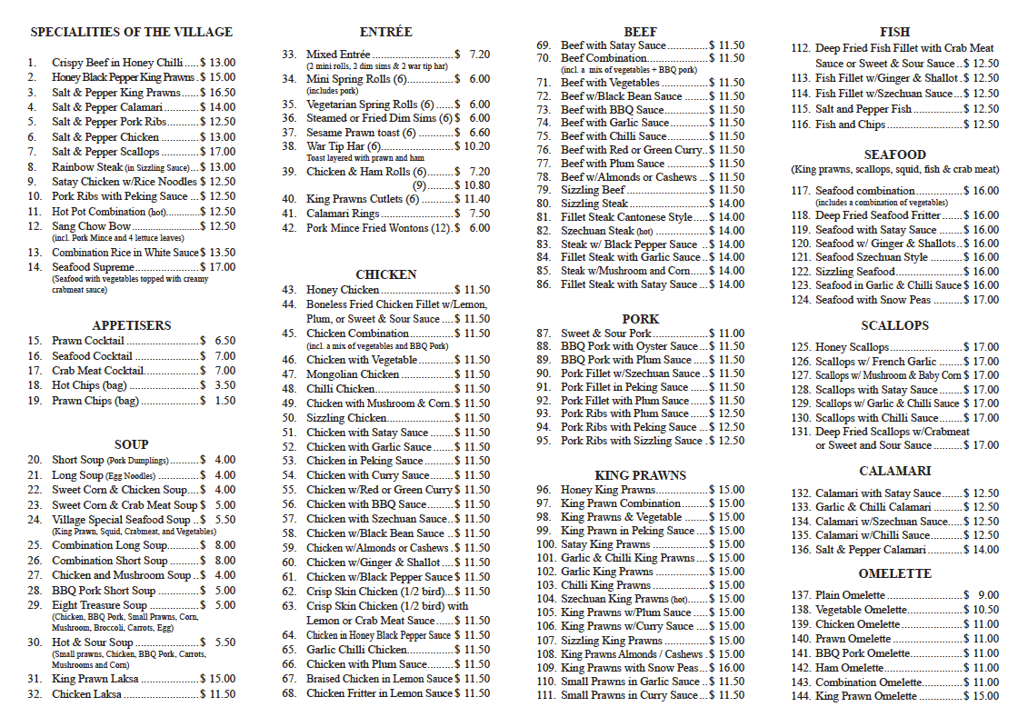 Menu, Peking Village Chinese Restaurant