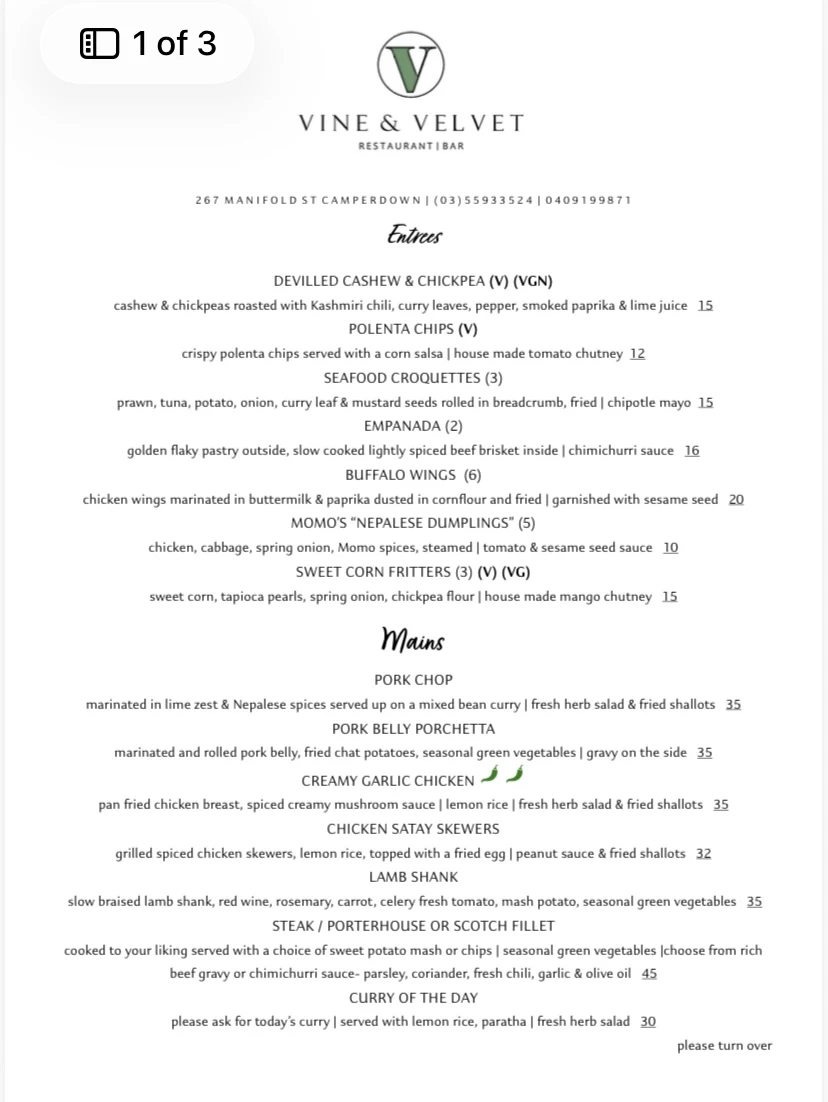 Menu, Vine and Velvet