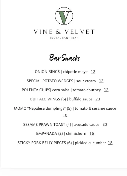Menu, Vine and Velvet