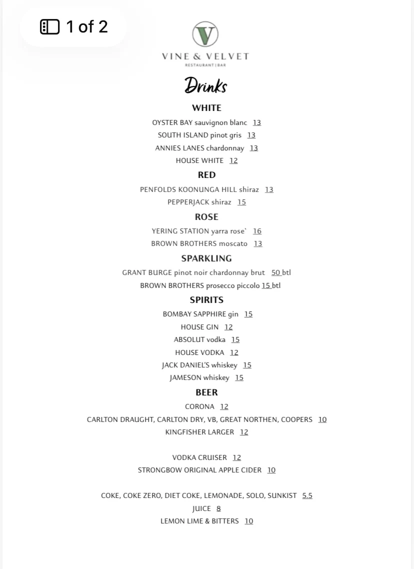 Menu, Vine and Velvet