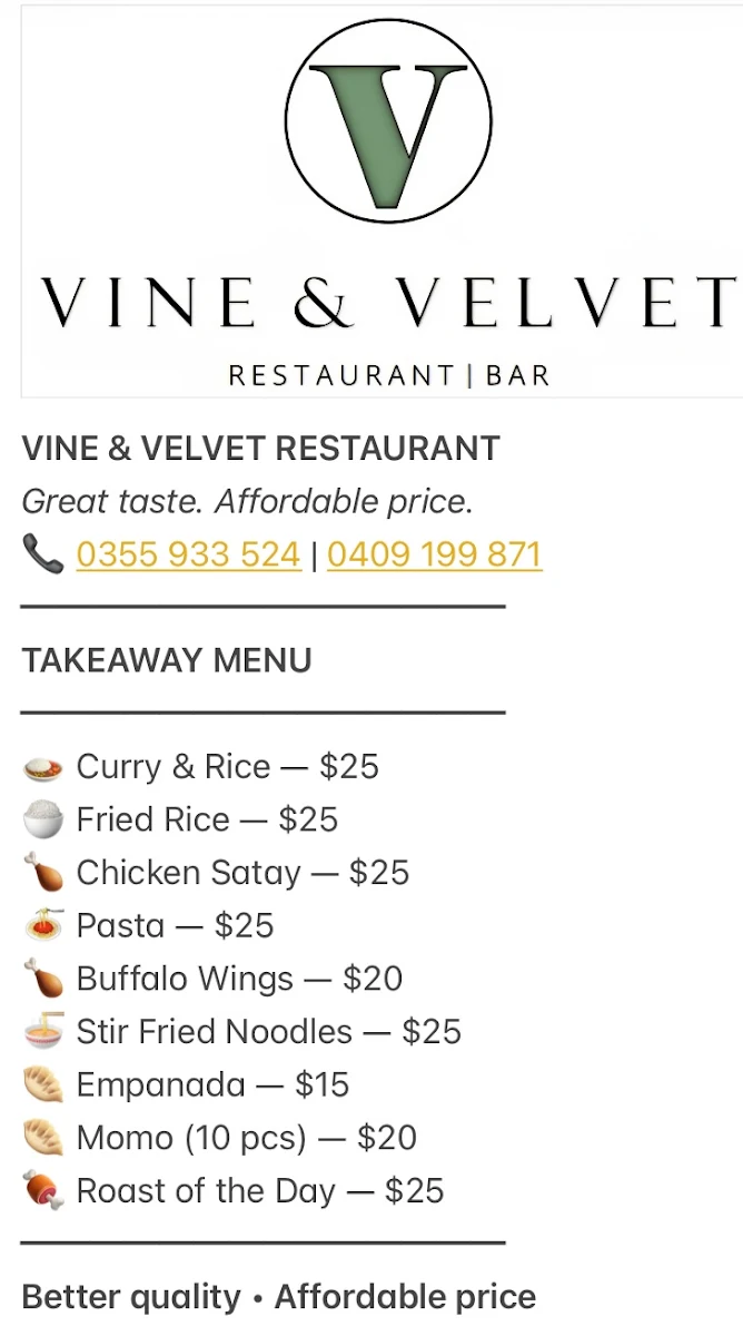 Menu, Vine and Velvet
