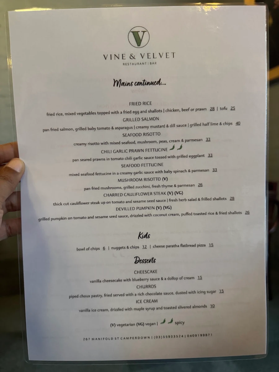 Menu, Vine and Velvet
