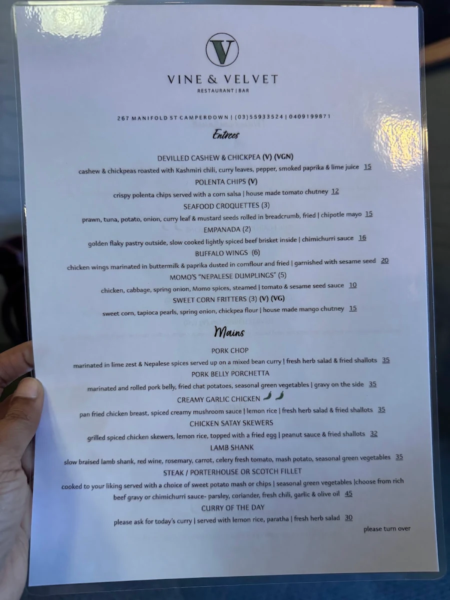 Menu, Vine and Velvet