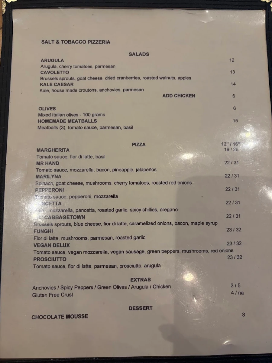 Menu, Salt & Tobacco Pizzeria