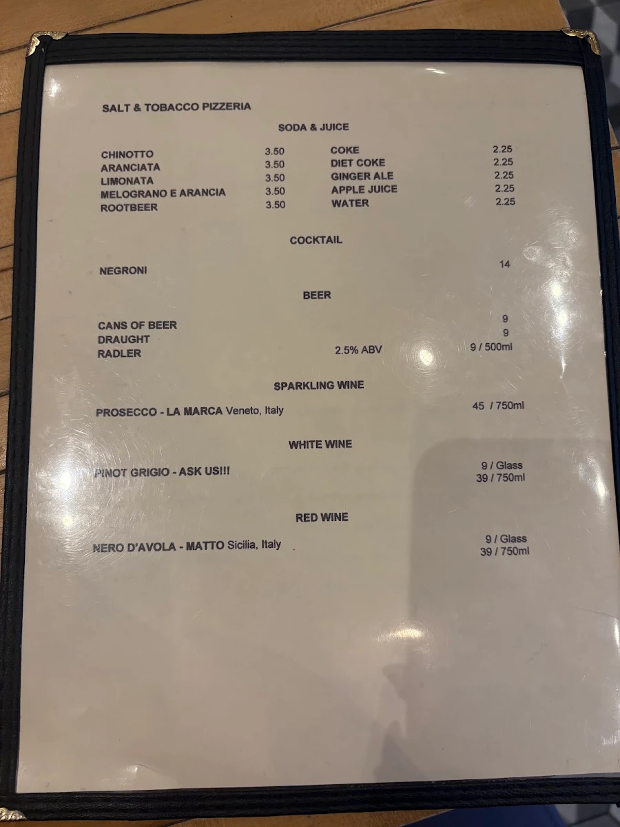 Menu, Salt & Tobacco Pizzeria