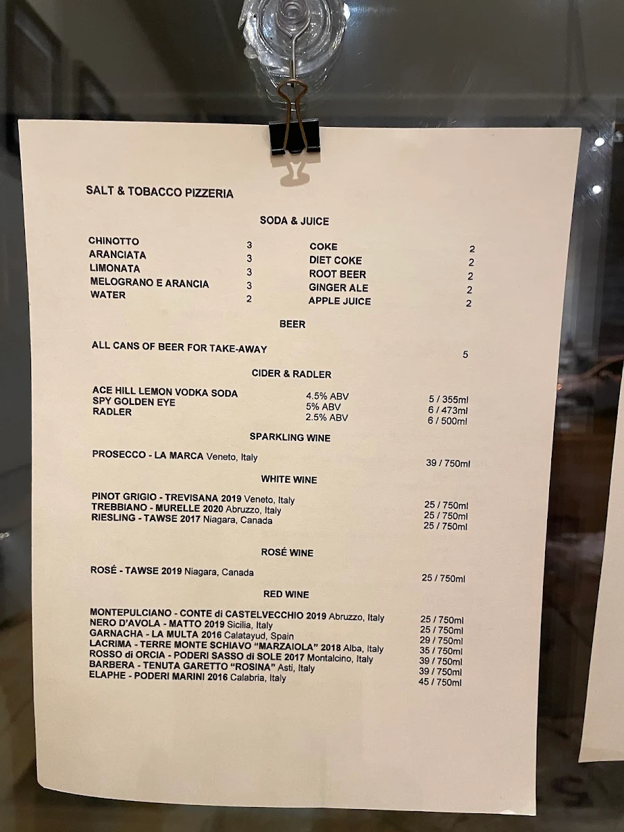 Menu, Salt & Tobacco Pizzeria