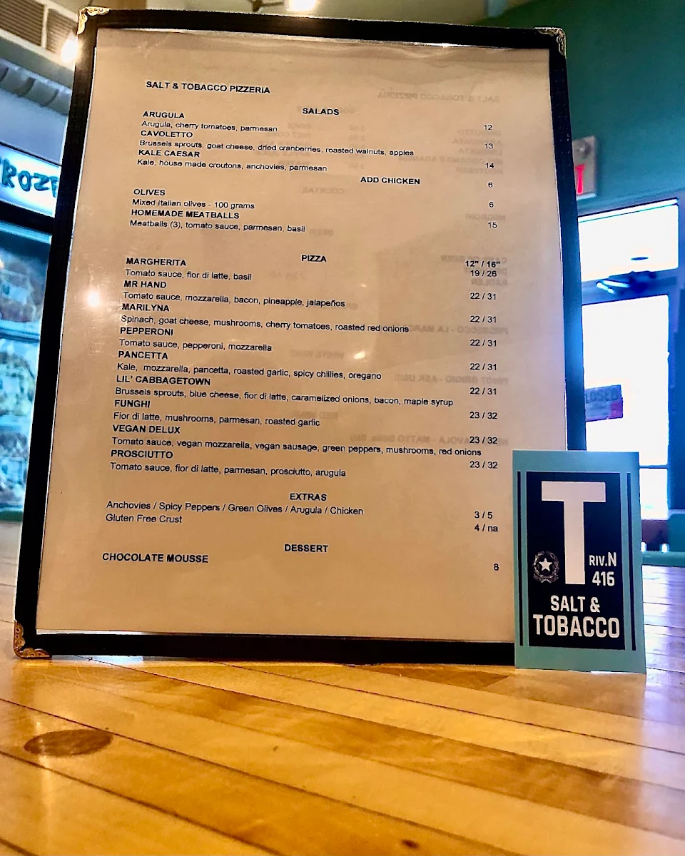 Menu, Salt & Tobacco Pizzeria