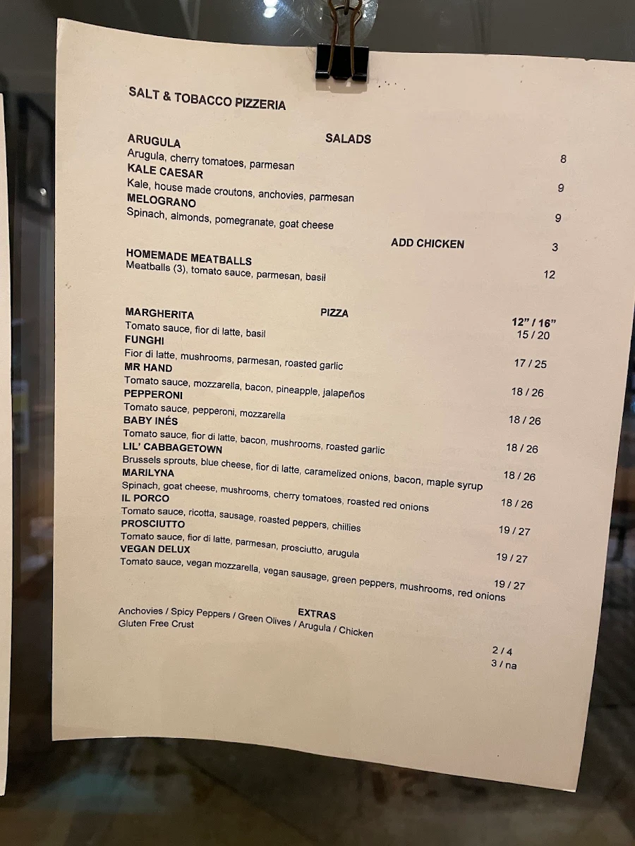 Menu, Salt & Tobacco Pizzeria