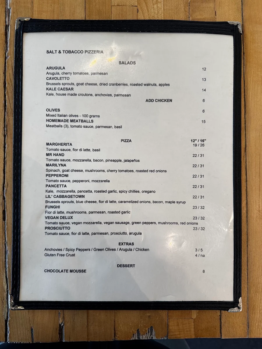 Menu, Salt & Tobacco Pizzeria
