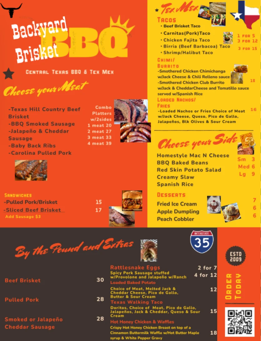 Menu, Backyard Brisket BBQ & Tex Mex