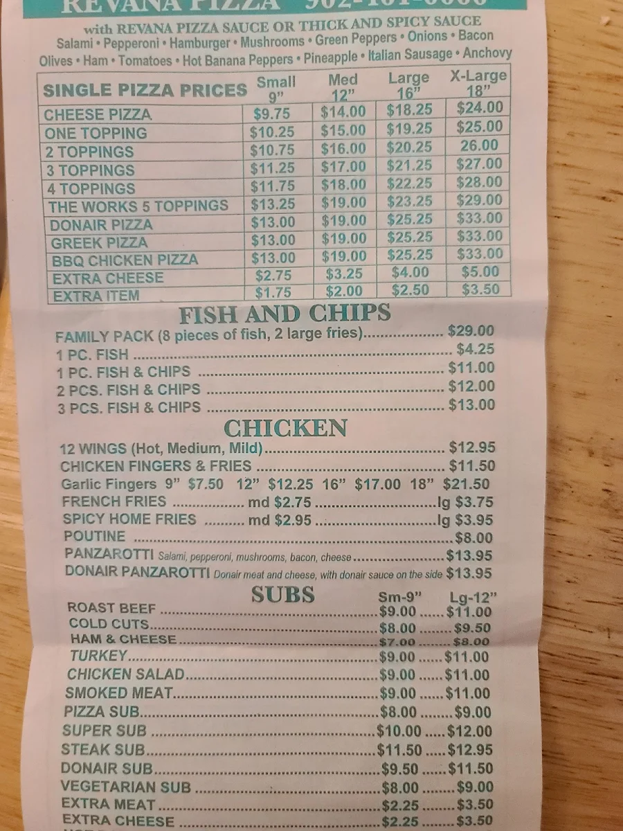 Menu, Revana Pizza Dartmouth
