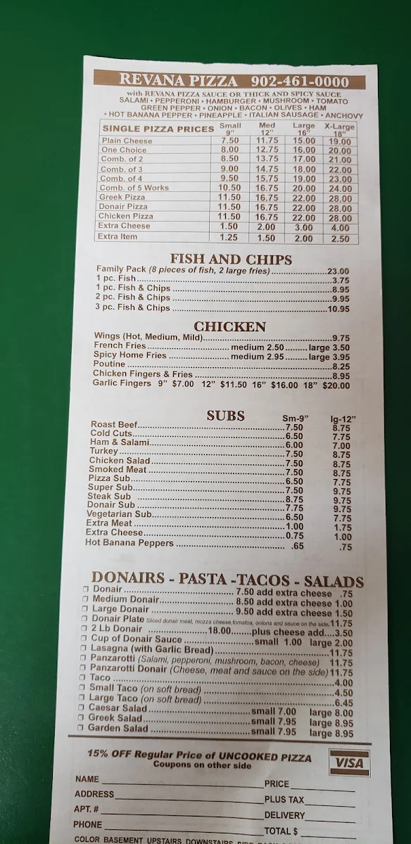 Menu, Revana Pizza Dartmouth
