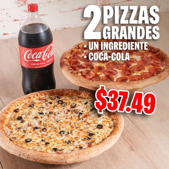 2 pizza grandes de 1 ingrediente c/u y un botellón