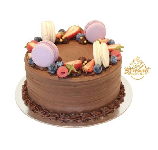 Chocolate Cake with Rim of Macaron & Berries Decoration