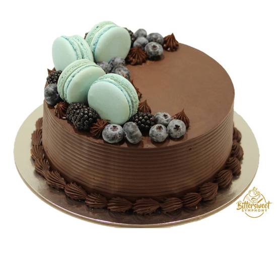 Chocolate Cake with Macaron & Berries Decoration