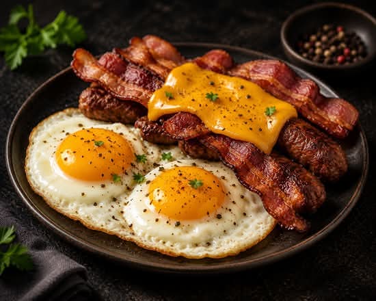 Eggs (2 pcs) with Cheese, Bacon or Sausage