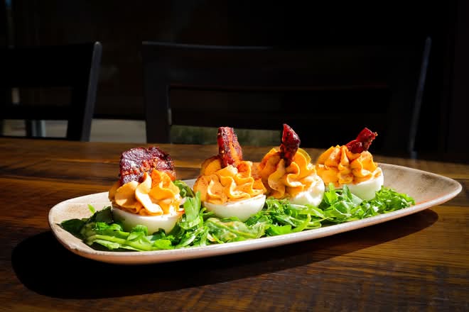 BOURBON BACON DEVILED EGGS