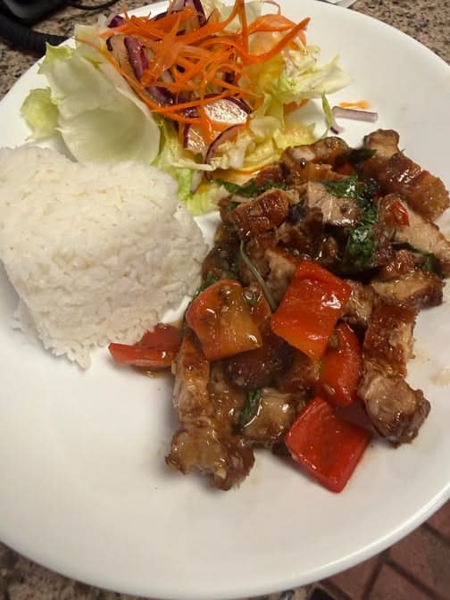 43. Basil Crispy Pork Belly Over Rice
