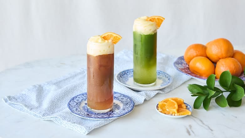 espresso or matcha tonic with mandarin fruit whip