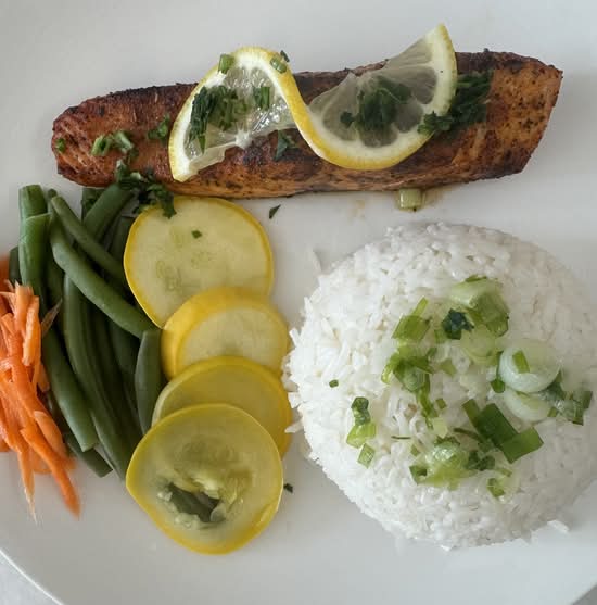 Black Salmon With Rice and Vegetables