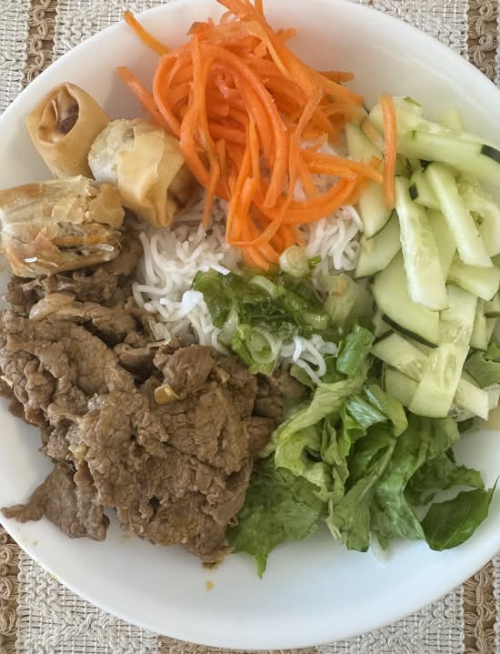 Stir Beef Meat with Vermicelli and Crispy Egg Rolls