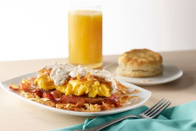 Bacon, Sausage & Sausage Gravy* Stuffed Hashbrowns
